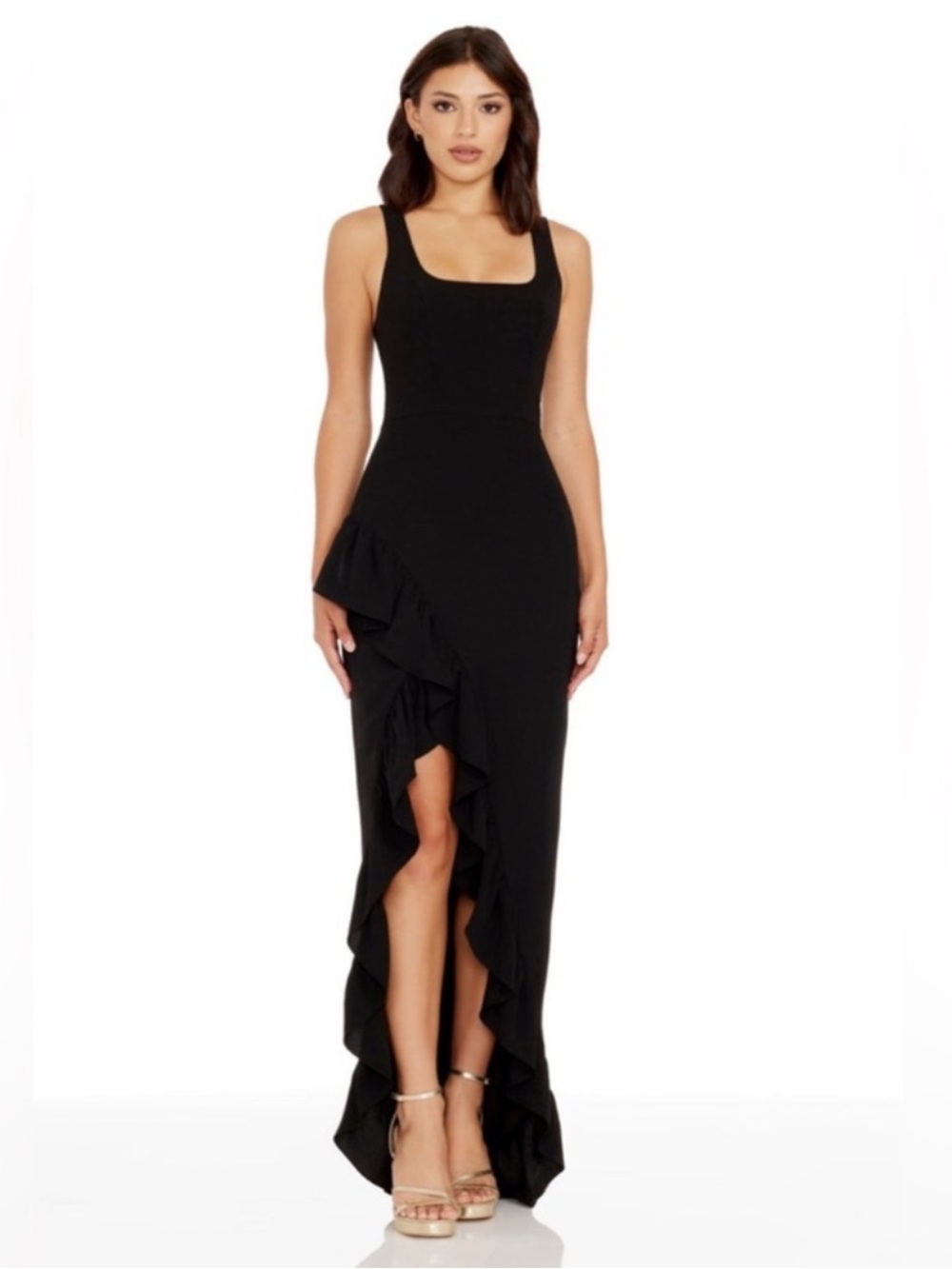 Dress The Population Charlene Hi Low Ruffle Gown Dress Size Small Black NWOT